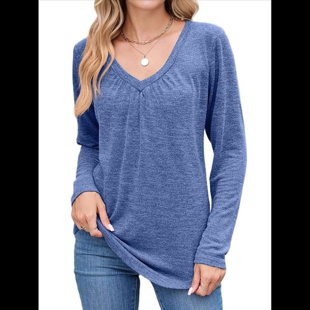 Camisetas de Larga para Mujer, Cuello en V, Suaves, Básicas, Holgadas, Informales, Moda de Otoño. Azul M