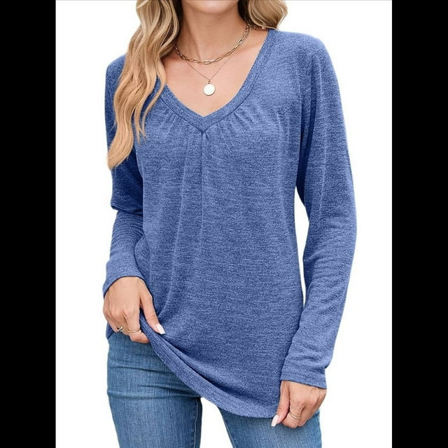Camisetas de Larga para Mujer, Cuello en V, Suaves, Básicas, Holgadas, Informales, Moda de Otoño. Azul XXL