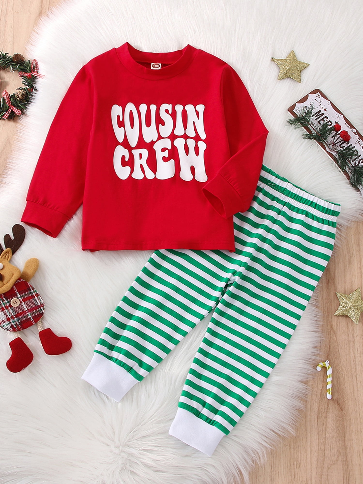 COUSIN CREW Toddler Baby Christmas Clothes Set Long Sleeve Round Neck Tops Stripe Pattern Trousers Holiday Pajamas Sets Walmart