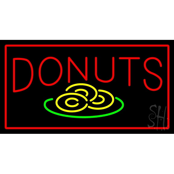 Donut Red and Logo Rectangle Red LED Neon Sign 20 x 37 - inches, Black Square Cut Acrylic Backing, with Dimmer - Bright and Premium built indoor LED Neon Sign for restaurant window and interior decor.