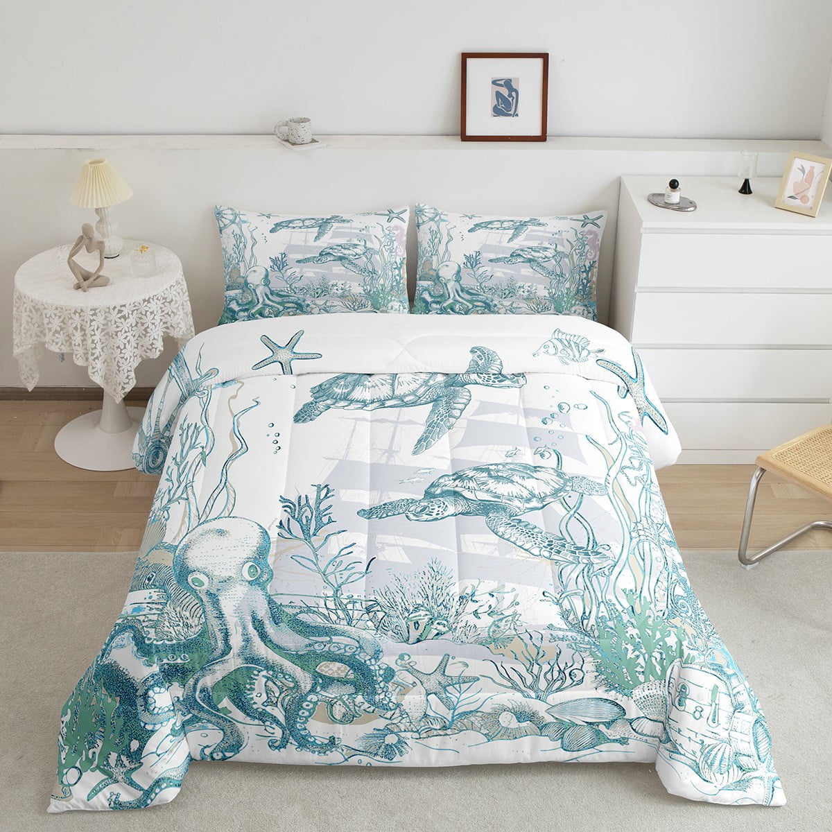 Nautical Coastal Sea Turtle Comforter Set Ocean Beach Bedding Comforter Sets Full,Coral Octopus Quilt Seahorse Starfish Fish Duvet Insert,Sailboat Boat Anchor Room Decor