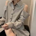 thumbnail image 1 of Camisa con hombros descubiertos para mujer, blusa con botones y cuello vuelto, Top a rayas de manga larga para camisa de verano S, 1 of 8