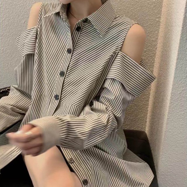 Camisa con hombros descubiertos para mujer, blusa con botones y cuello vuelto, Top a rayas de manga larga para camisa de verano S
