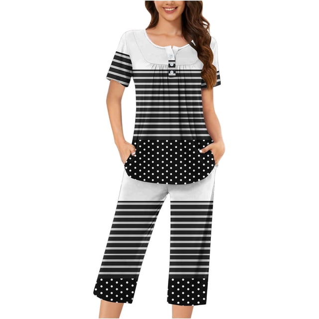 Rbaofujie Robes pour Femmes, Blouse Décontractée à Col Rond et Manches Courtes, Ensemble de Pyjama Mode
