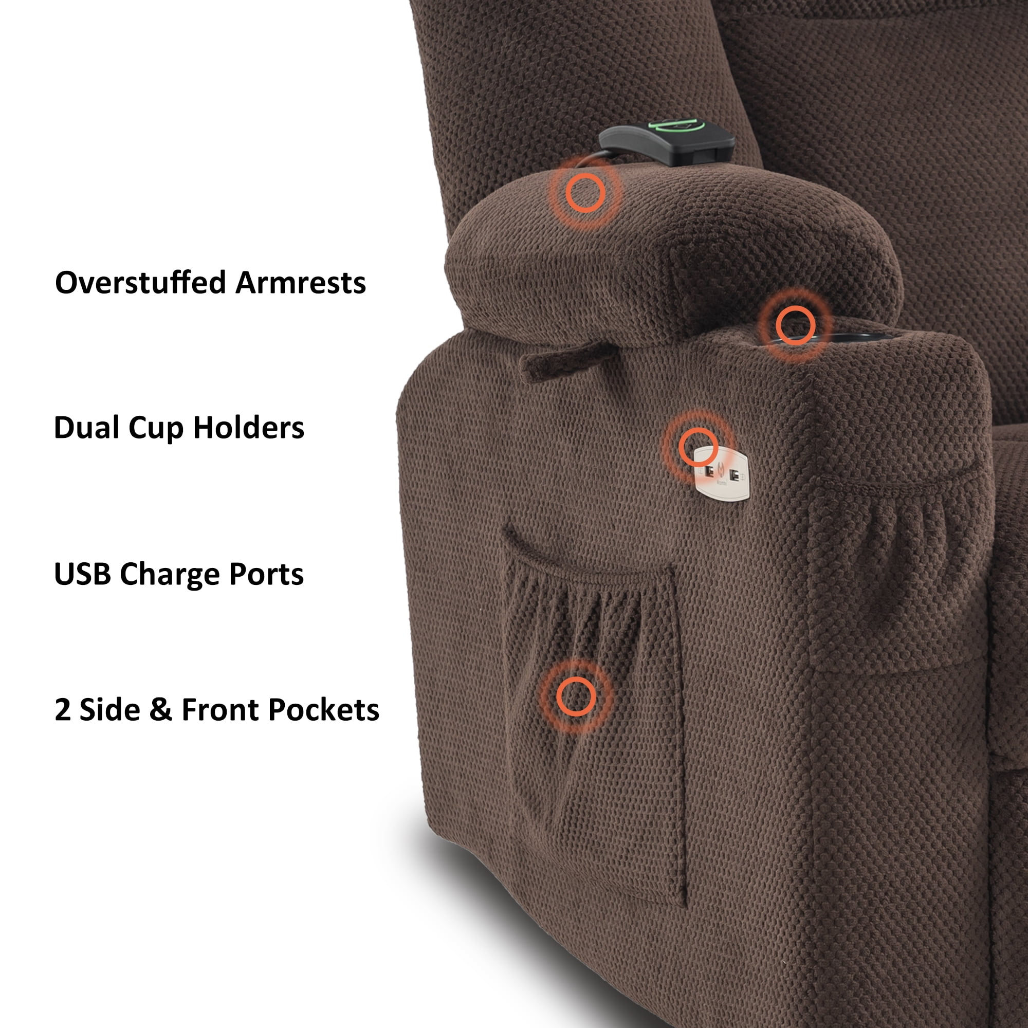 MCombo Electric Power Recliner Chair with Massage & Heat, Extended Footrest, USB Ports, 2 Side & Front Pockets, Cup Holders, Brown Plush Fabric 8015