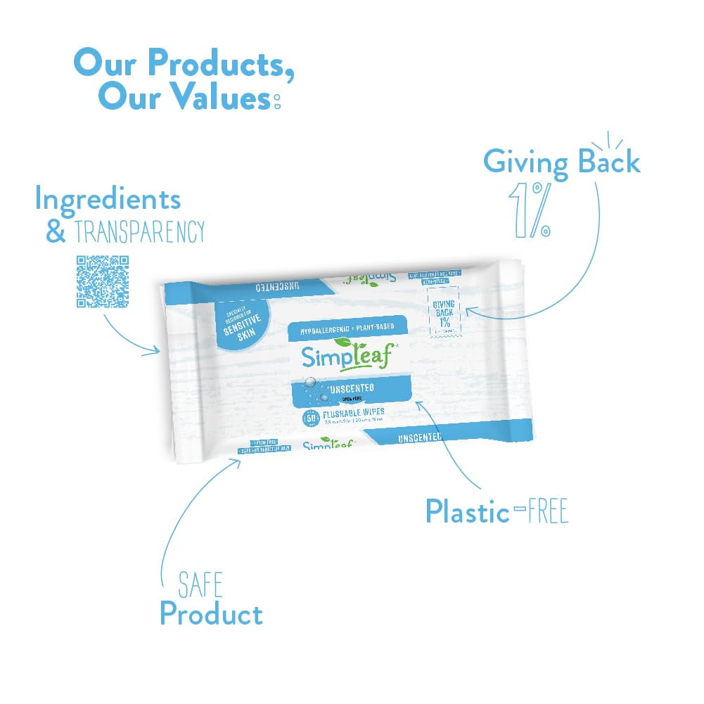 Simpleaf Flushable Wet Wipes | Eco- Friendly, Paraben & Alcohol Free | Hypoallergenic & Safe for Sensitive Skin | Unscented Soothing Aloe Vera Formula (50 Counts) 12 pack