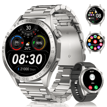 Smart Watch for Men(Answer/Dial Calls), 1.43'' AMOLED/100 Sports Modes, 5ATM Waterproof Fitness Watch with Fitness Tracking Fits for Android and iOS Smartwatch Silver Steel