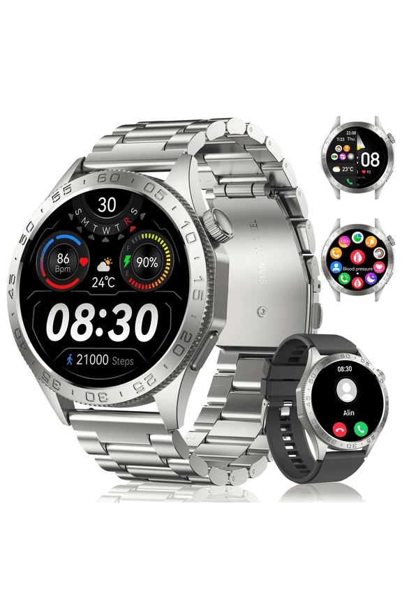 Smart Watch for Men(Answer/Dial Calls), 1.43'' AMOLED/100 Sports Modes, 5ATM Waterproof Fitness Watch with Fitness Tracking Fits for Android and iOS Smartwatch Silver Steel