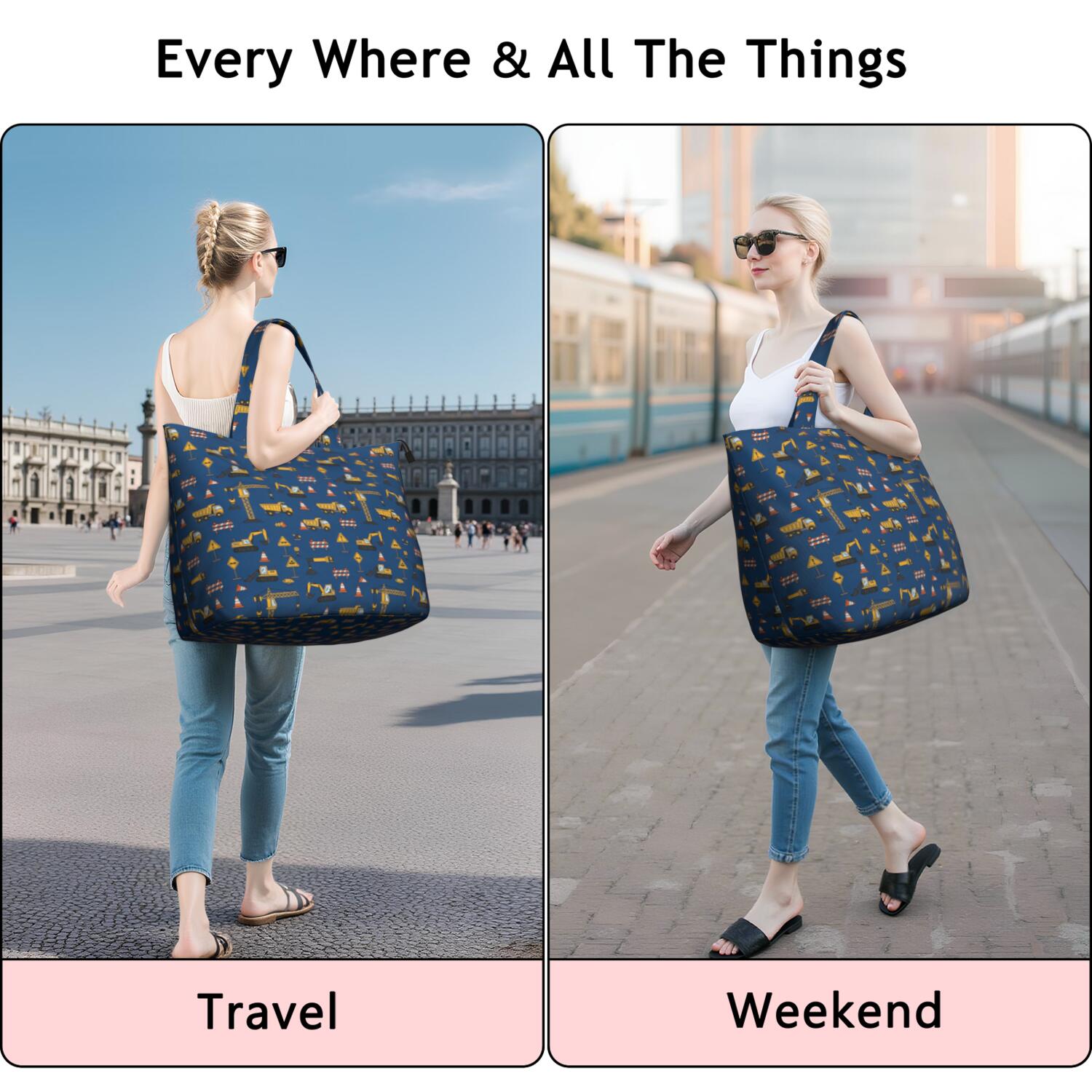 Cartoon Construction Vehicles Traffic Cones Travel Tote Bags for Women Carry On,Large Weekender Bags for Women Travel,Multi Functional Duffle Bag for Work,Shopping,Sports