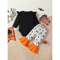 thumbnail image 4 of Wassery 2Pcs Baby Girl Fall Outfits Long Sleeve Letter Ghost Spider Web Bat Print Sweatshirt Rompers Tops Flare Pants 3M 6M 9M 12M 18M 24M Toddler Halloween Clothes Set, 4 of 9