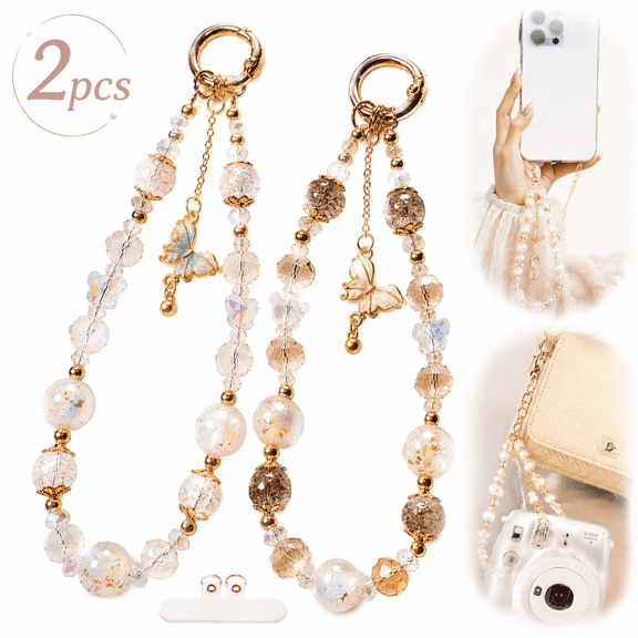 Ustris 2pcs Beaded Charms Strap, Crystal Bracelet Wrist Lanyard, Cute Phone Key Chain, Case Accessories for Camera Wallet AirPods.