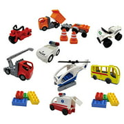 Kids Toys, Emergency City Vehicles Building Set Compatible with Duplo and All Major Brands (12 PC Set) with Bonus Figures Included - Police, Fire Truck, Ambulance, Helicopter, Send Truck, School Bus