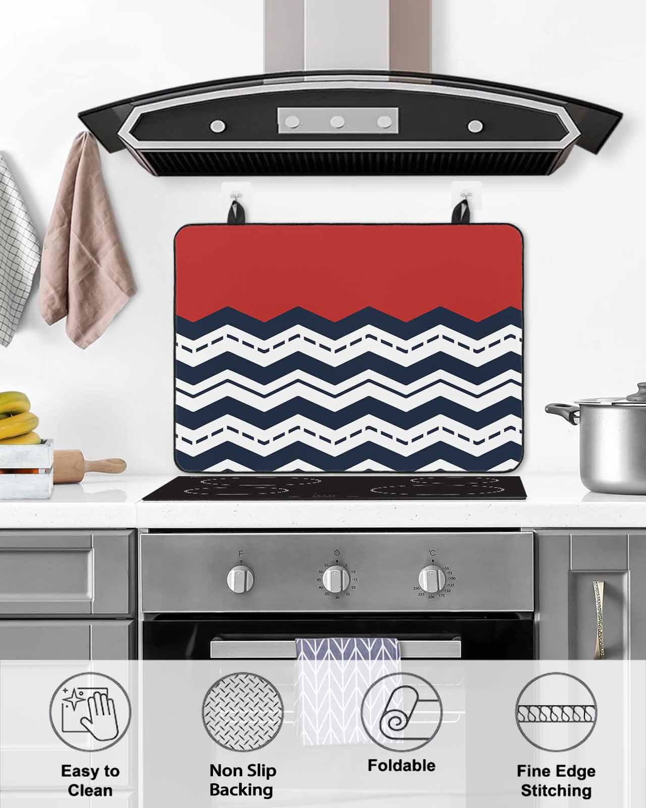 nqOlkjepod Large Induction Cooktop Protector Mat 36"x21", Black Chevron Stove Top Covers for Electric Stove, Geometric Navy Blue White Sea Wavy Striped Stove Burner Cover Mats, Glass Top Stove Cover