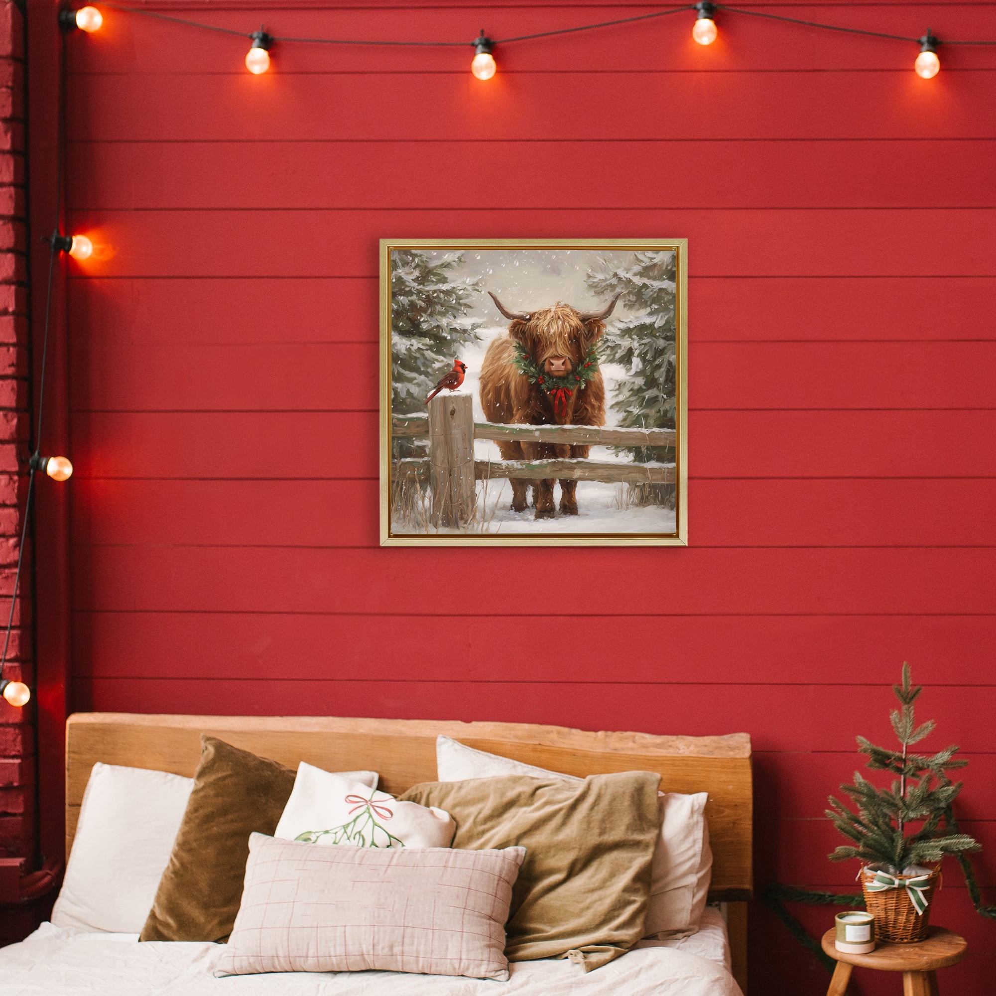 Stupell Industries Christmas Cow & Cardinal Gold Framed Floater Canvas Wall Art, design by Tina LeCour