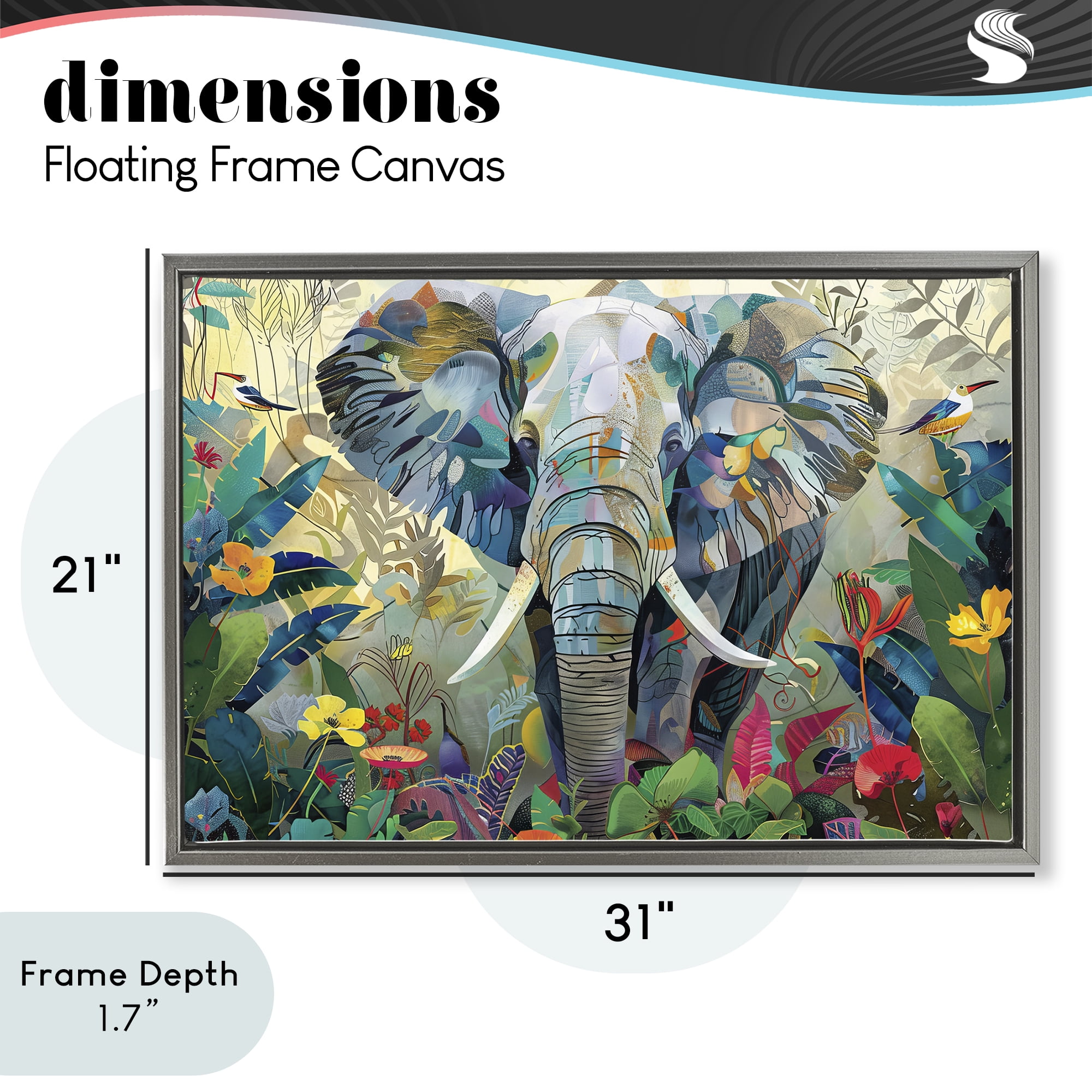 Stupell Industries Elephant's Realm in Tropical Bloom Gray Framed Floater Canvas Wall Art, design by Lazar Studio