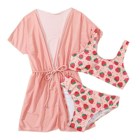 Toimothcn Girls Swimsuits Short Sleeve Casual Strawberry Printed 3 Piece Bikini Set Quickly Dry Cover Up Swimwear 9-10 Years