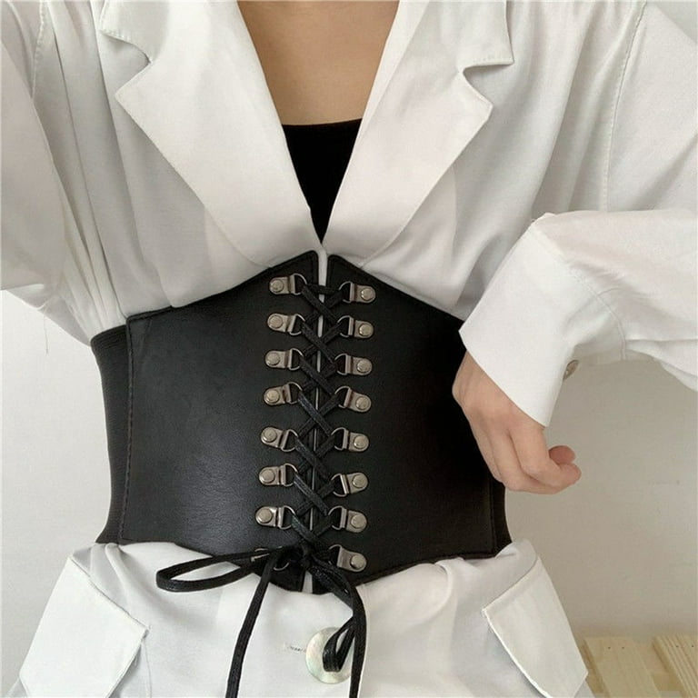 KOMOO Womens Leather Cinch Corset Waistband Steampunk Waspie Corset Waist  Belts Wide Elastic Waist Belt 