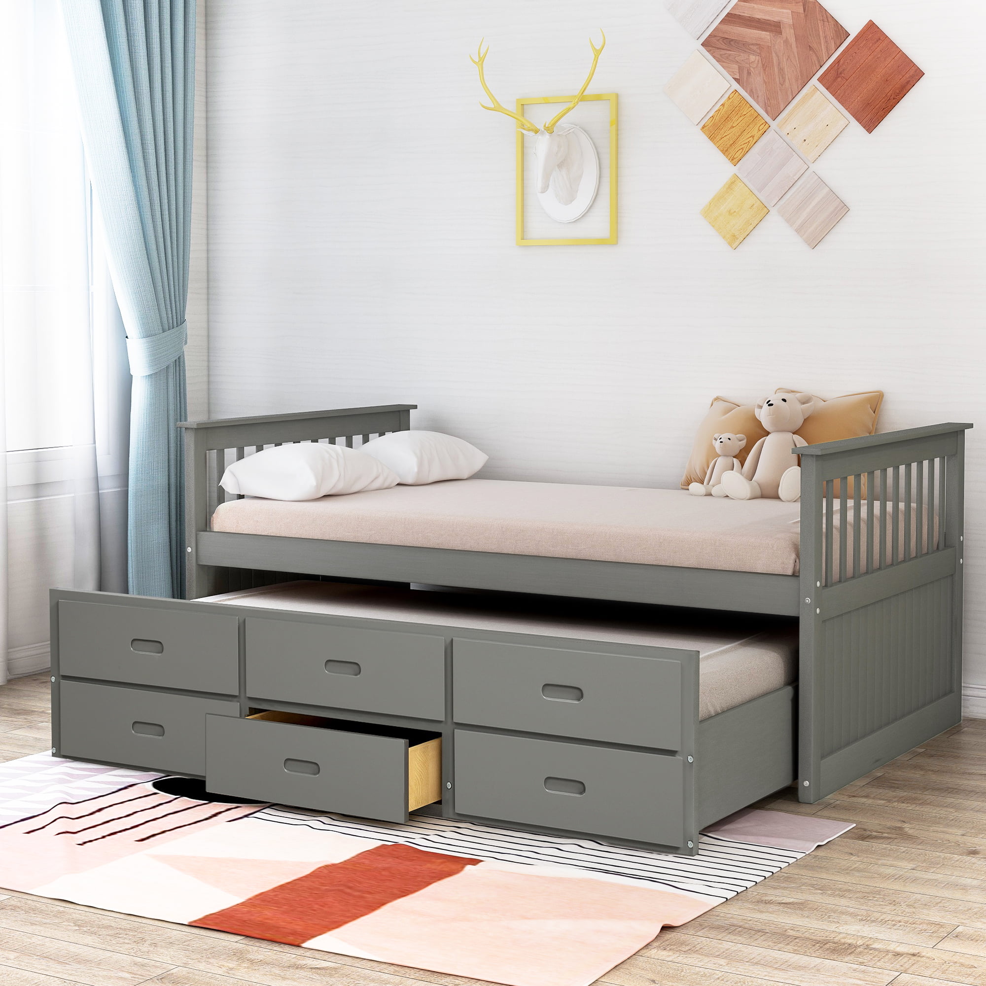 Merax Solid Wood Captain Bed With Trundle And Drawers Twin