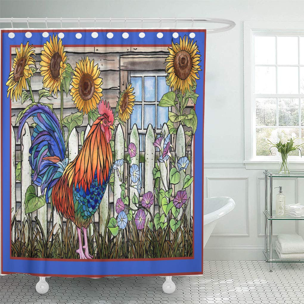 Watercolor Rooster Bathroom Polyester Shower Curtain Set Waterproof Fabric 