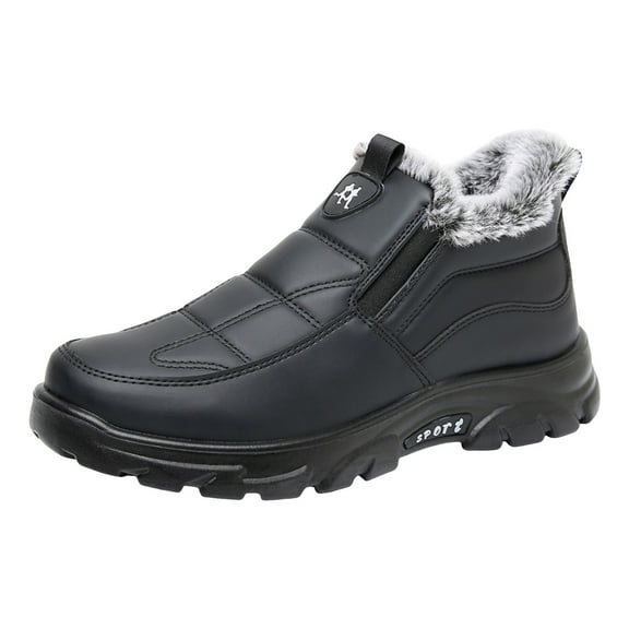 Men's Faux Leather Slip On Winter Snow Boots Warm Fleece Lined Ankle Booties Comfortable Outdoor Non Slip Work Shoes Black Size 8.5