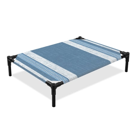 Blue Stripe Elevated Dog Bed Country Farmhouse Vintage Lines Black White Plaid Cooling Breathable Outdoor Raised Dog Cot Bed with Metal Frame Non-Slip Feet for Large Dog 28x22in