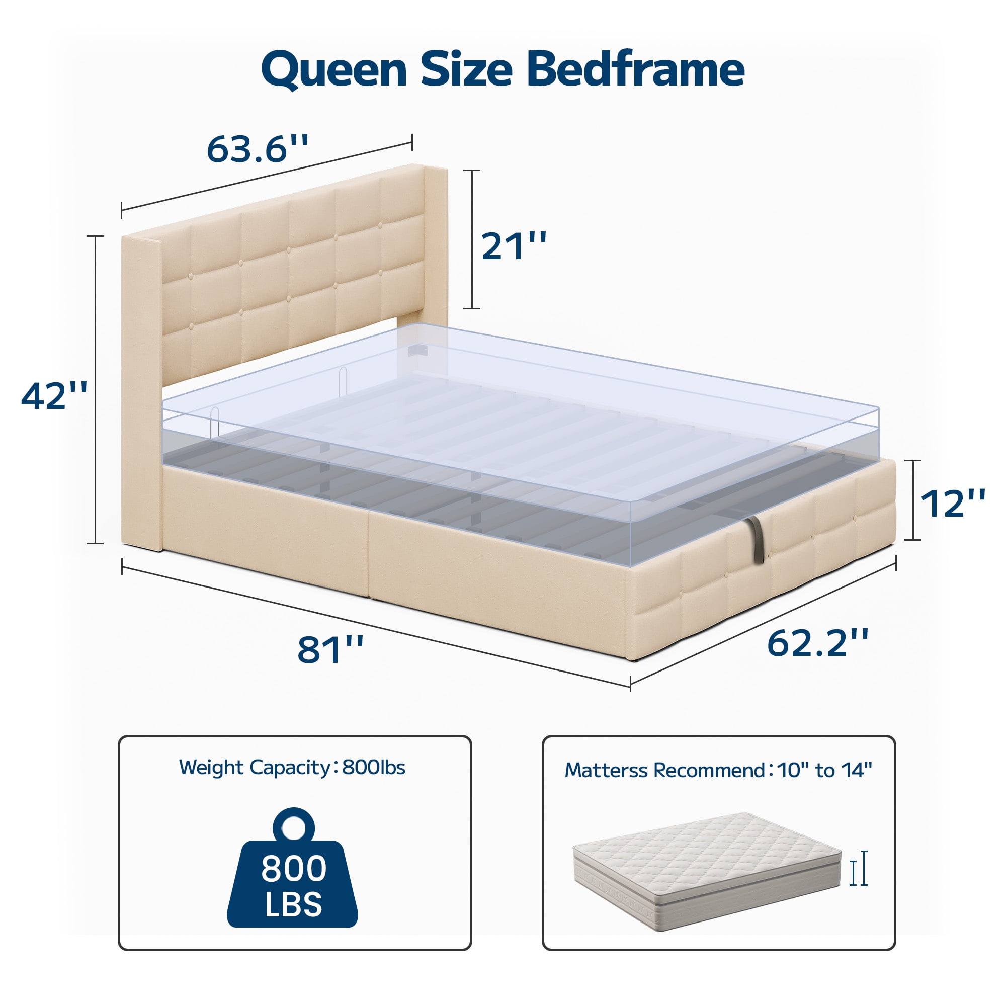 Asofer Queen Storage Bed Frame with Hydraulic Lift, Upholstered Headboard & Wood Slats, Beige