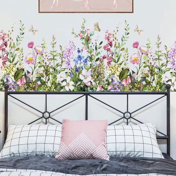 Colorful Flowers Wall Decals, Attractive Flying Butterflies Flowers Wall Stickers, Garden Flower Green Fresh Leaves Wall Stickers, Removable DIY Plants Art Decor Murals for Bedroom, Nursery, TV Wall