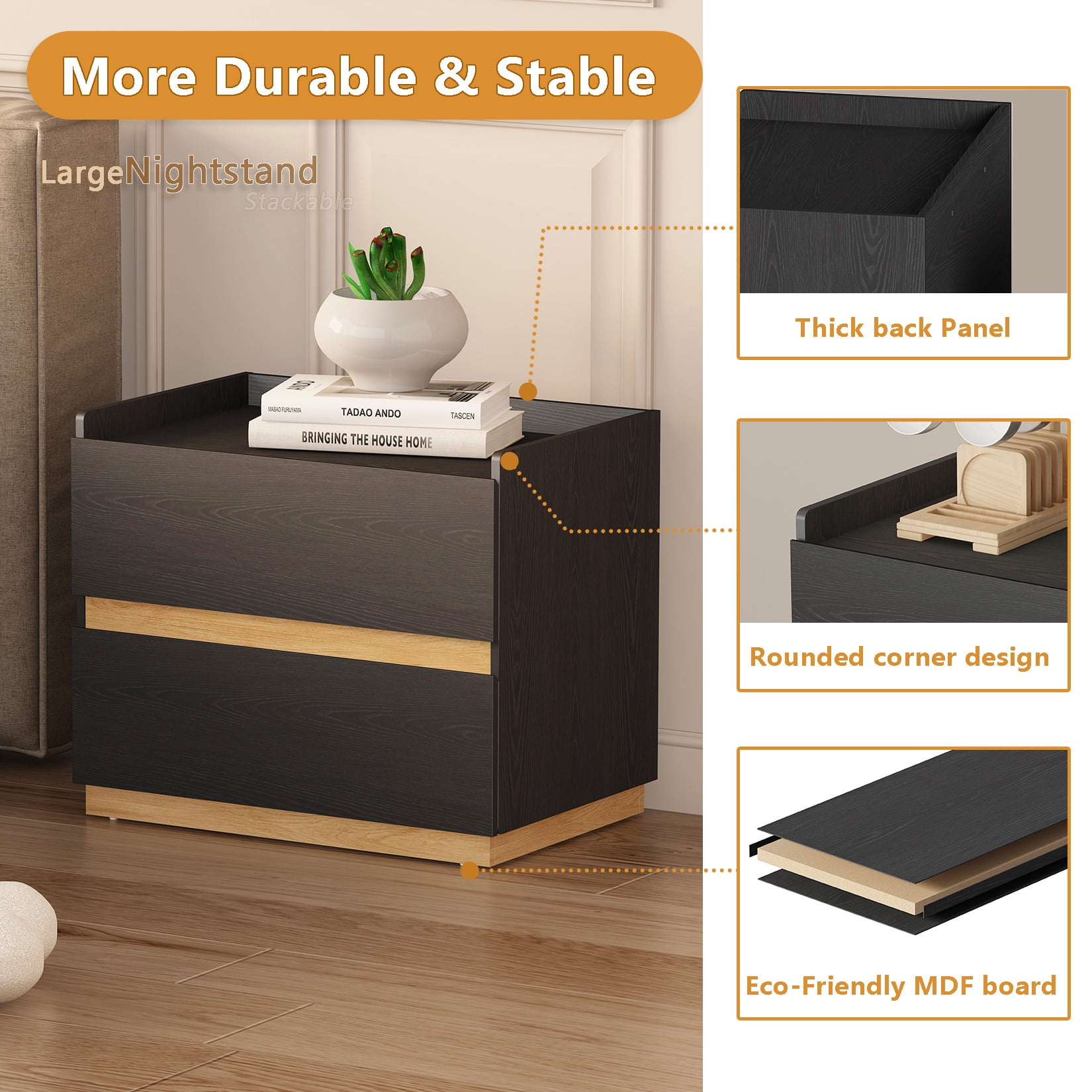 H&3L BLACK Nightstand ，Modern large Bedside Table， Wood Stackable  2 Drawer Dresser for Clothes for Closet，Bedroom,Living Room，16"D x 24"W x 20"H