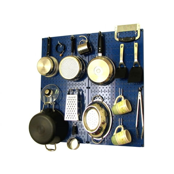 Wall Control Kitchen Pegboard Organizer Pots and Pans Pegboard Pack Storage and Organization Kit with Blue Pegboard and White Accessories