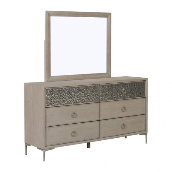 Kaira 66 Inch Dresser, 6 Drawers, Textured Metal, Natural Oak Brown