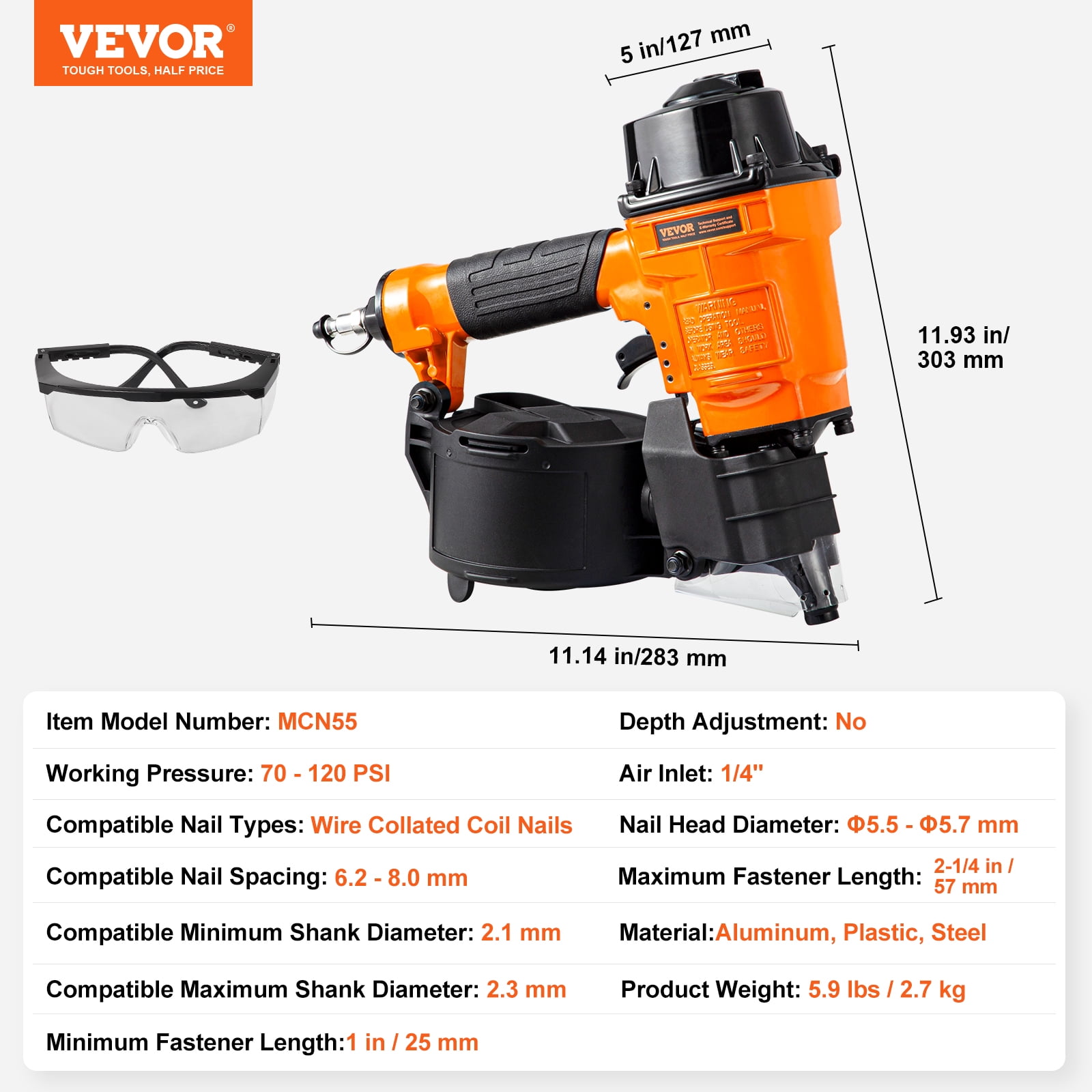 VEVOR Coil Siding Nailer MCN55, 1 inch to 2-1/4 inch 15 Degree Pneumatic Siding Nail Gun, 70-120PSI Air Coil Nailer for Siding, Pallet Sheathing, Fencing, Decking