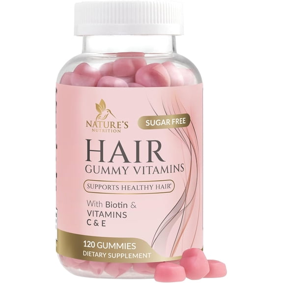Hair Vitamins Gummies - Sugar Free Hair Growth Support Gummy with Biotin 5000 mcg, Vitamin A, B12, C, D, E, Folic Acid - Supports Strong Beautiful Hair and Nails, Vegetarian Friendly - 120 Gummies