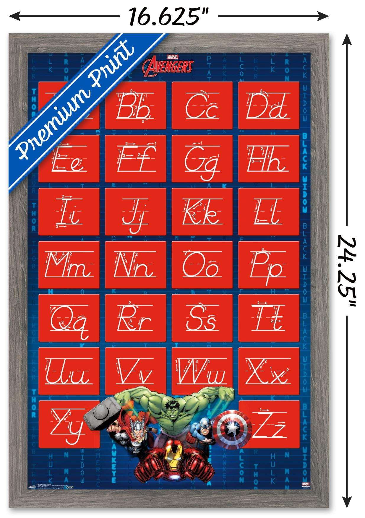 Marvel Comics - Avengers - Alphabet - Write Letters Wall Poster, 14.725" x 22.375", Framed