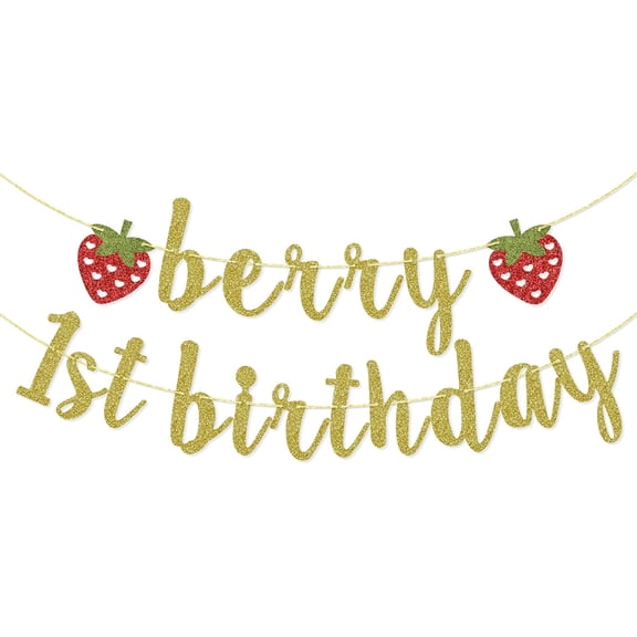 Berry First Birthday Banner, Glitter Strawberry Banner, 1st Birthday Decor (Gold)