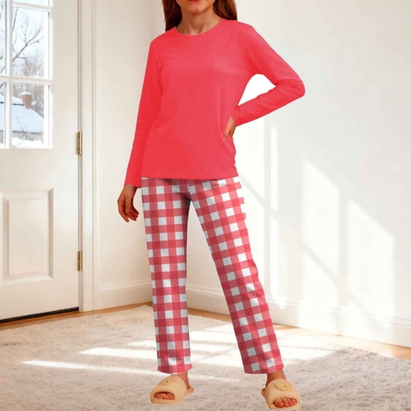 Gamivast 2 Piece Pajama Set for Women Long Sleeve Crew Neck Top and Tapered Pants Set Classic Plaid Pattern Breathable Soft Sleepwear Loungewear Set