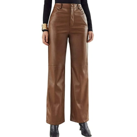 

Amuver Women Leather Pants High Waist Straight Slimming Pocket Fall Trousers