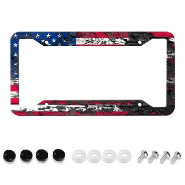 Vintage American Flag style License Plate Frame Stainless Steel License plate frame Rust-proof auto parts Colored license plate cover trim with screw dimensions, 12.2 "x 6.3"