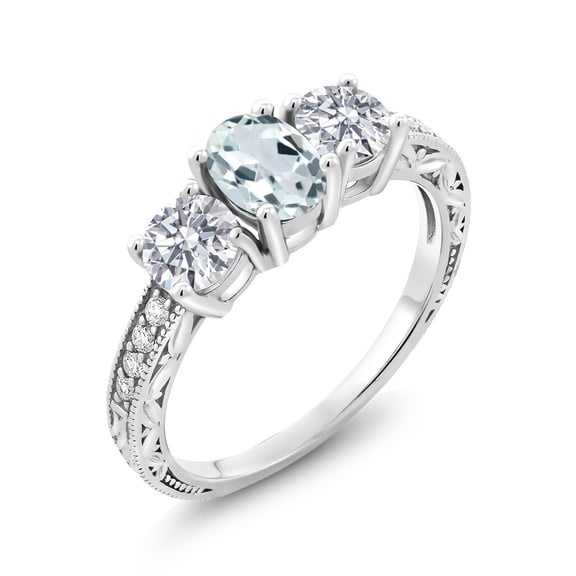 Gem Stone King 10K White Gold Sky Blue Aquamarine and Lab Grown Diamond Engagement Ring for Women | 1.87 Cttw | Oval 7X5MM | Gemstone March Birthstone | Size 7