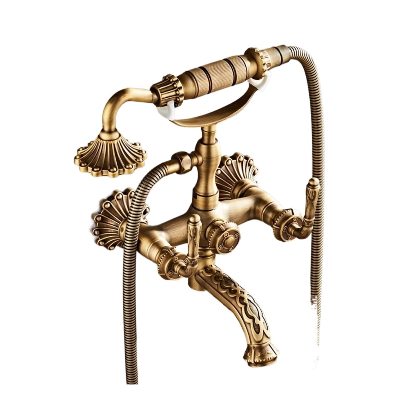 Antique Brass Bathtub Shower Faucets Set, Wall Mounted Bath Shower Set Swivel Tub Spout Bath Shower Dual Control Carved Mixer Tap