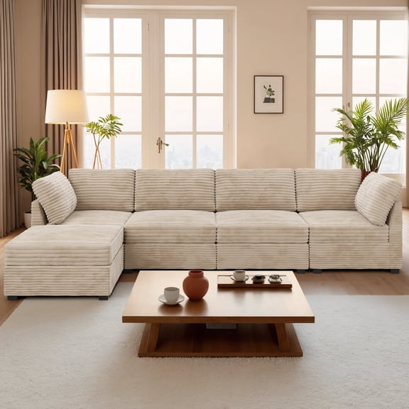 Oversized Modular Sectional Sofa Couch 5 pieces, 128" Plush Corduroy L-Shaped Corner Sofa with Ottoman, Deep Seat Cloud Furniture for Living Room Apartment, Beige