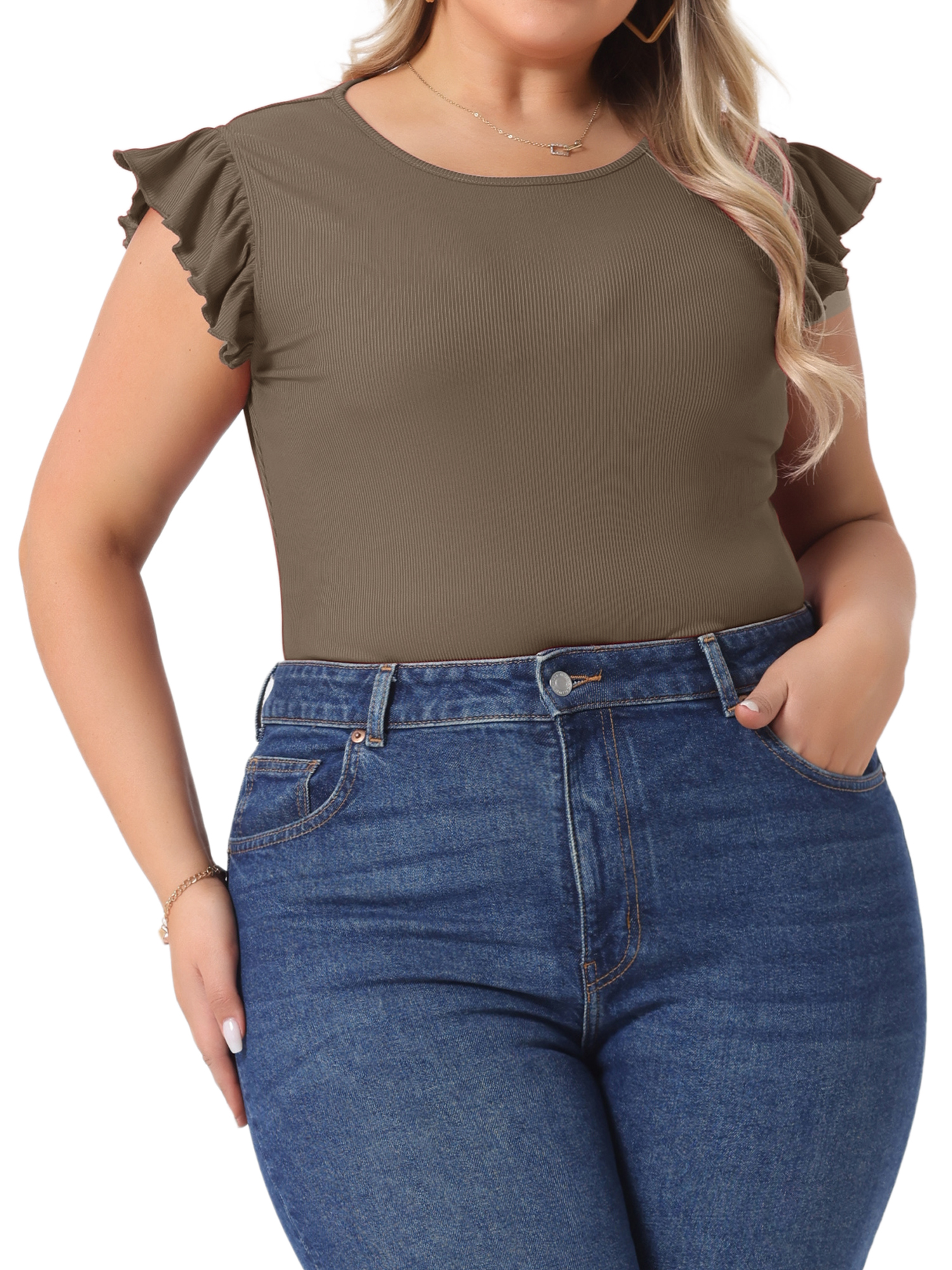 DARING DIVA Women's Plus Ruffle Sleeveless Slim Fit Stretchy Bodysuit 1X Light Brown