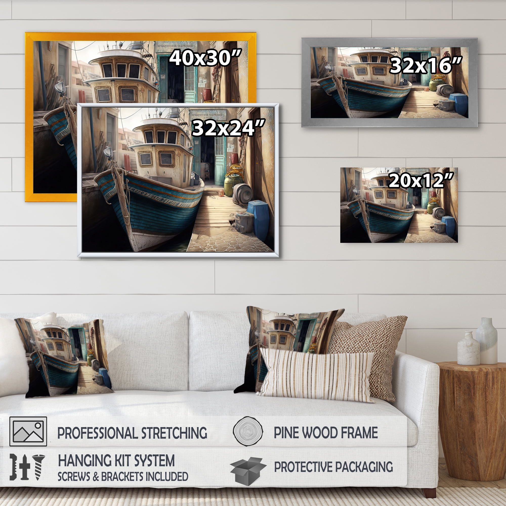 Designart Rustic Port With A Fishing Boat VI Canvas Wall Art