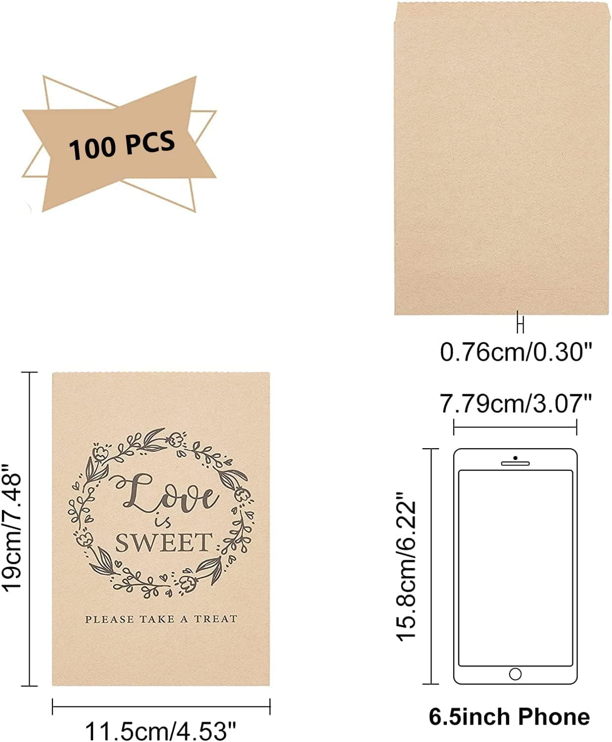 PH PandaHall 100pcs Paper Bags 4.5x7.5 Kraft Paper Treat Bags Small Flat Paper Favor Bag For Valentine Wedding Party Gift Candy Bar Baptism Card Small Business, Brown, Love Is Sweet