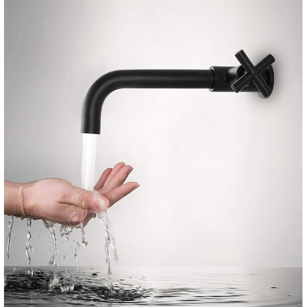 Grifo de montaje en pared negro, grifo de agua fría para baño, grifo de lavabo de una sola palanca, caño giratorio 360 grados, grifo fregadero fácil instalación