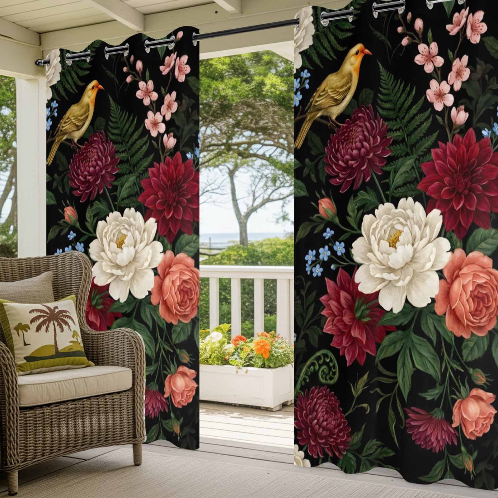 Peony Rose Outdoor Curtains for Patio, Rustic Botanical Vintage White Red Flower Fern Leaf Sunshade Privacy Drapes Grommet Waterproof Outside Curtains for Porch/Cabana/Balcony 54"x 108", 1 Panel