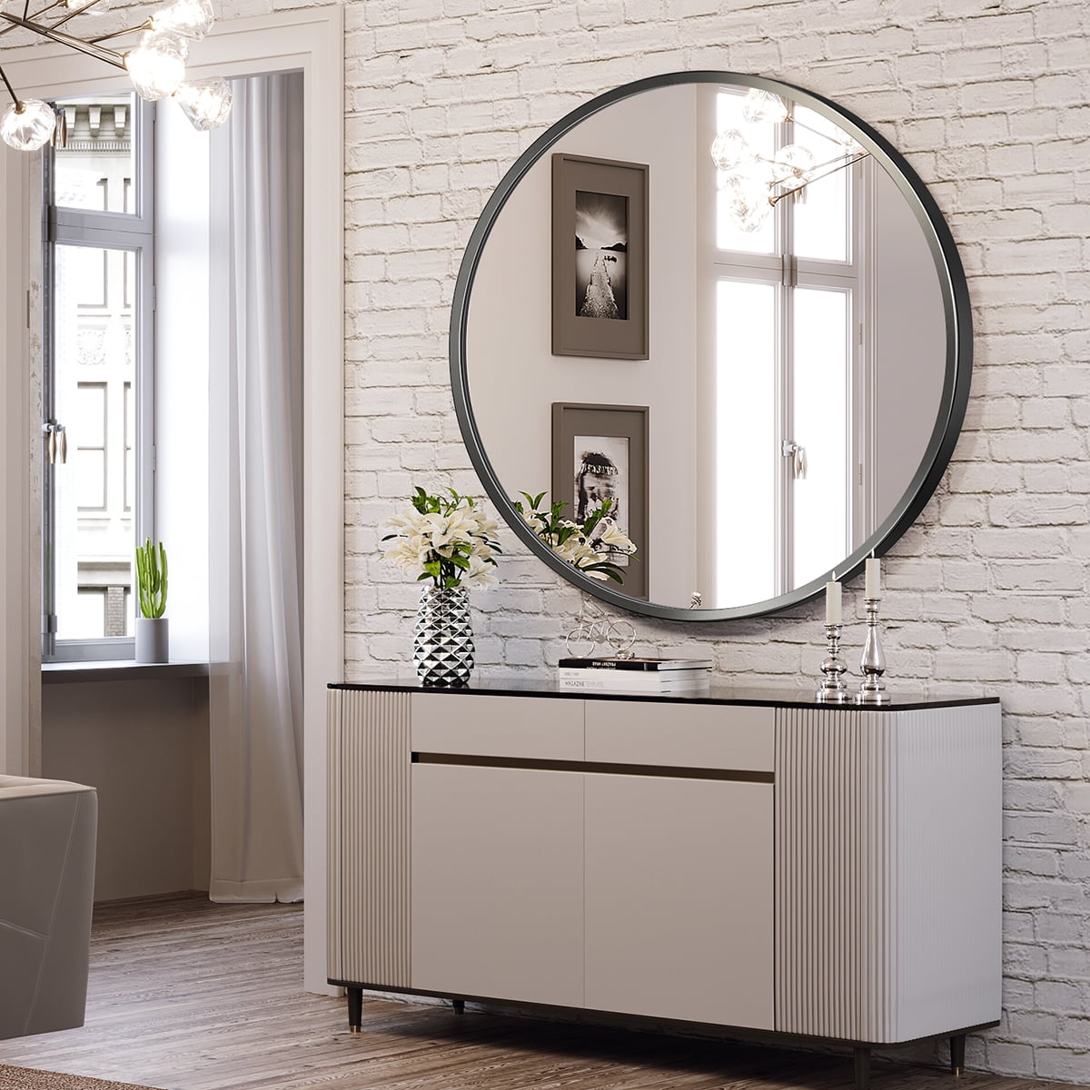 Scifil Black Round Mirror, 24 Inch Bathroom Wall Mirror, Modern Round Circle Wall Vanity Mirror with Metal Frame for Home Decor, Easy Hanging