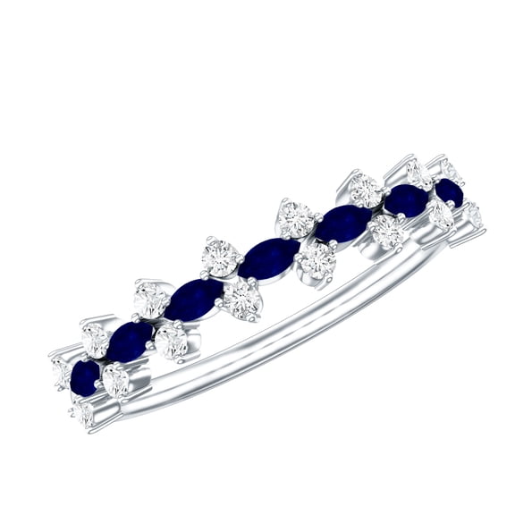 Rosec Jewels Anniversary Ring with Blue Sapphire and Diamond, Half Eternity Ring for Women, 925 Sterling Silver, US 4.00