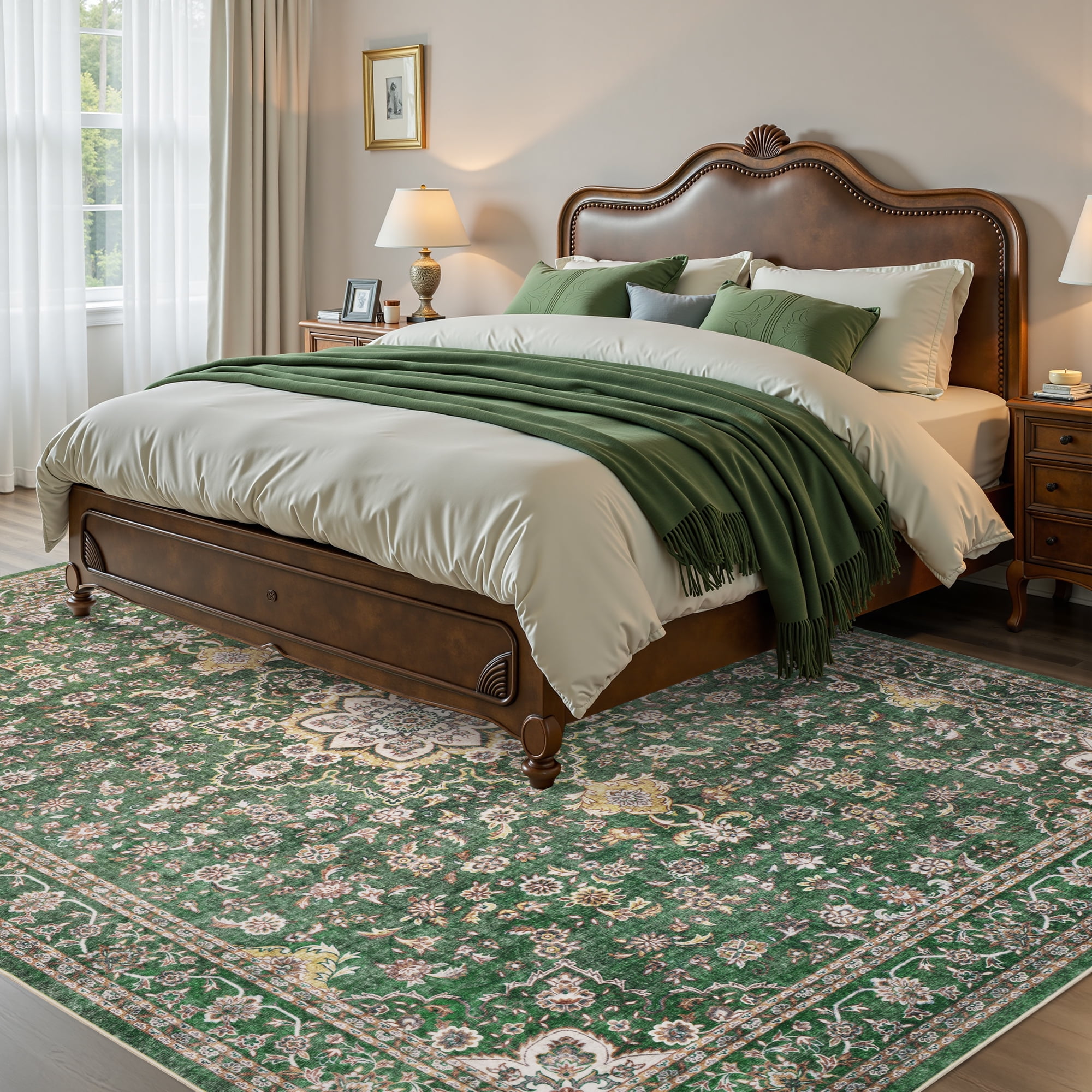 SIXHOME 9x12 Feet Washable Non-Slip Area Rug - Traditional Distressed Vintage Green Rug with Retro Floral Design, Ultra-Soft Indoor Large Carpet for Living Room, Bedroom, Dining Room