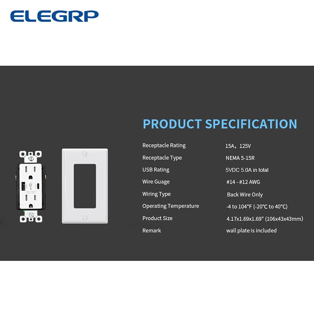 ELEGRP USB Outlets Receptacles, USB C Wall Outlet, 25W 5.0 Amp High Speed Charging USB Electrical Outlet, 15 Amp Tamper-Resistant Outlet with USB C Ports, UL Listed, Wall Plate Included