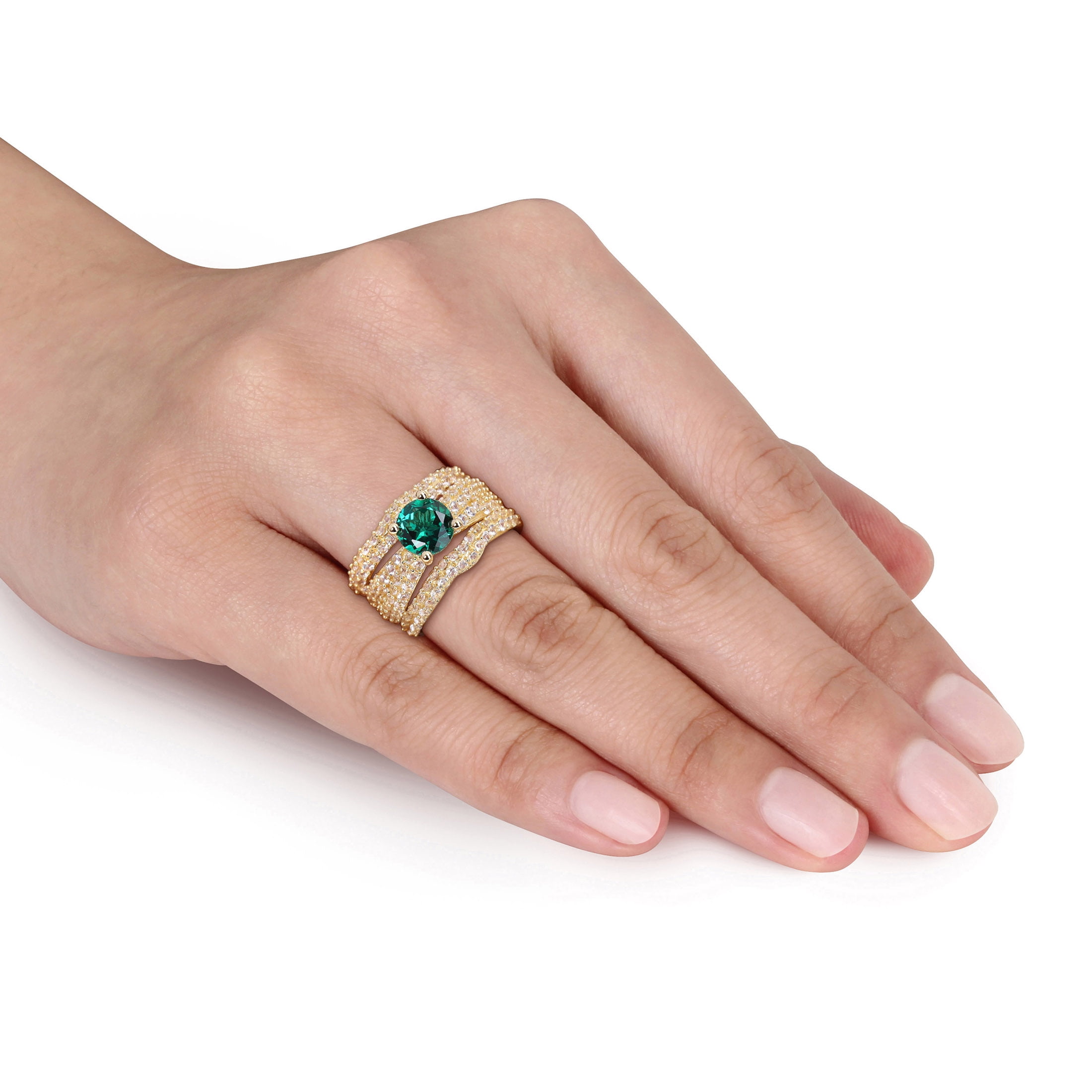 Everly Women's Created Sapphire Created Emerald Yellow Gold Plated Bridal Set